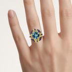 Blue Topaz Butterfly Ring With Amethyst and Diamonds 5.61 Carats Sterling Silver