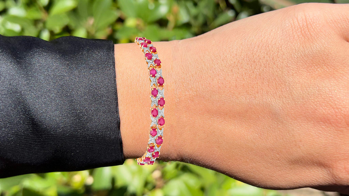 Ruby Bracelet With Diamonds 16.4 Carats Gold Plated Silver