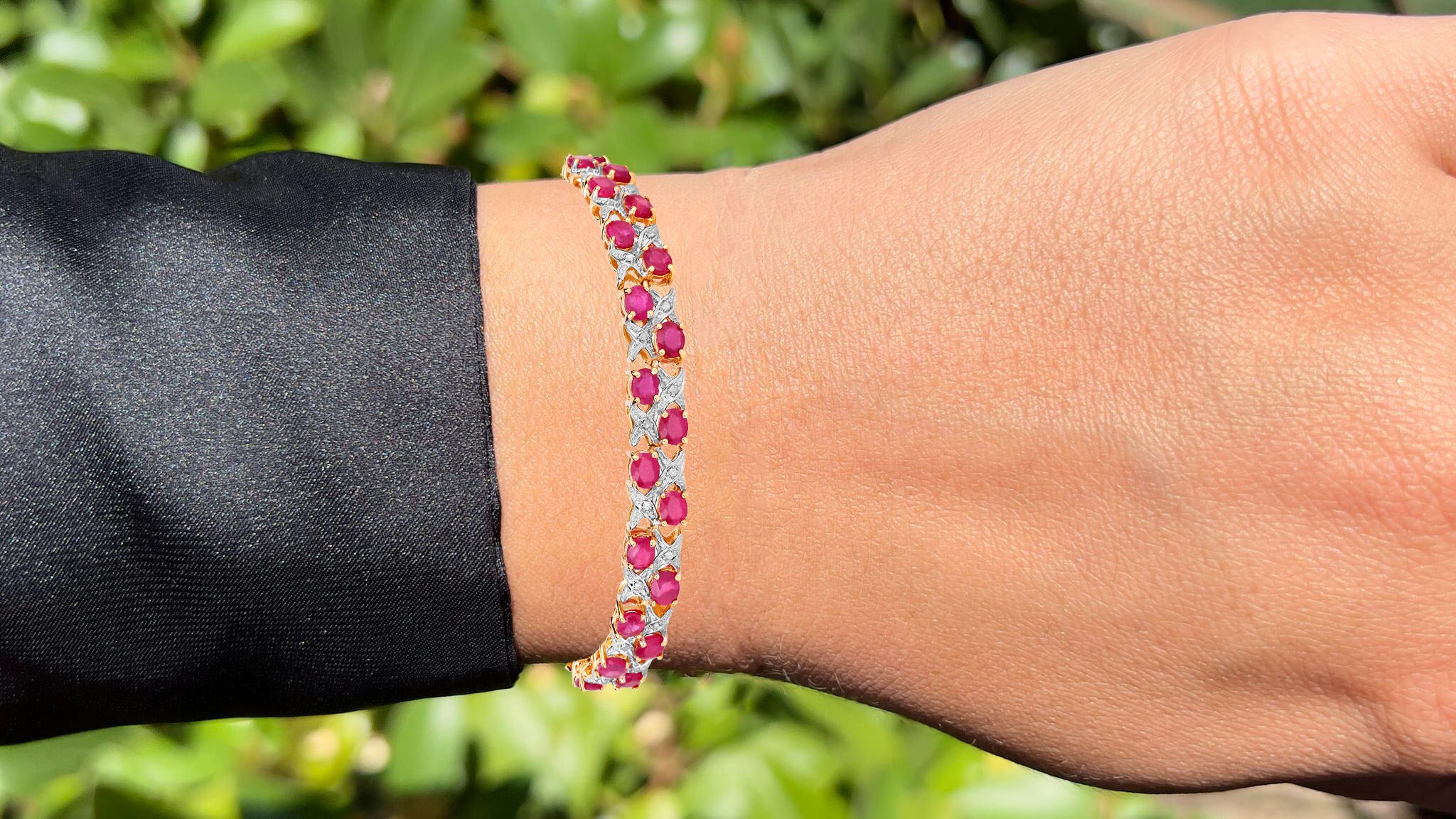 Ruby Bracelet With Diamonds 16.4 Carats Gold Plated Silver