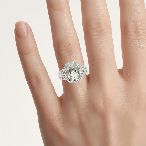 Green Amethyst Ring With White Topaz 3.9 Carats Sterling Silver