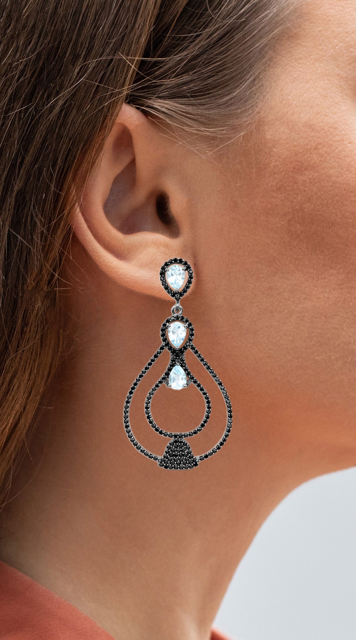 Blue Topaz Earrings With Black Spinel 8.78 Carats Sterling Silver