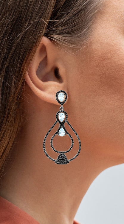 Blue Topaz Earrings With Black Spinel 8.78 Carats Sterling Silver