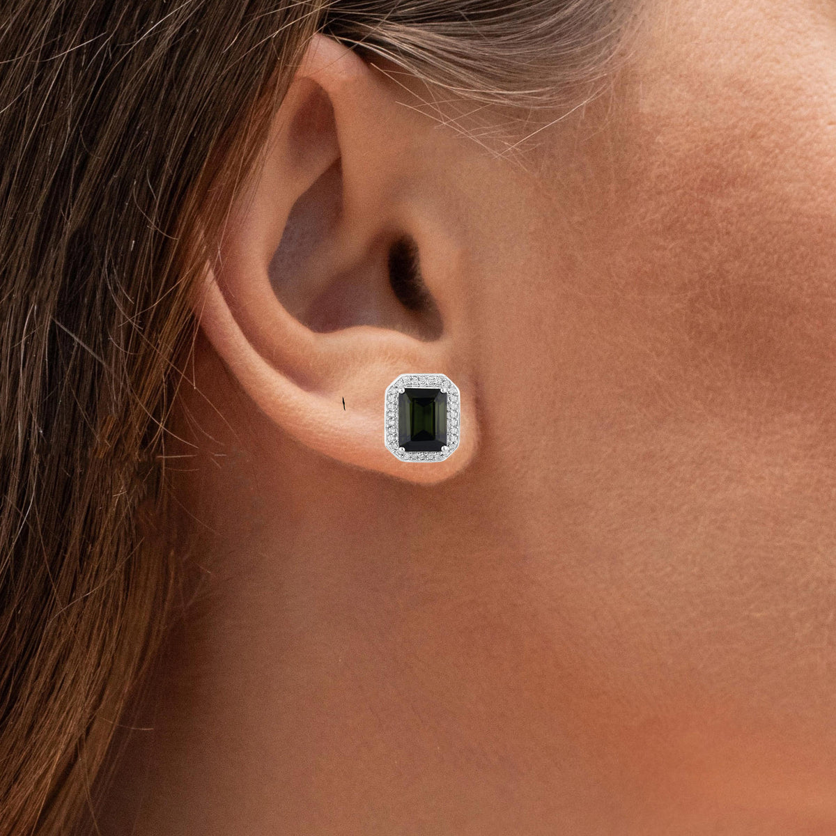 Green Tourmaline Stud Earrings With Diamonds 3.54 Carats 14K White Gold