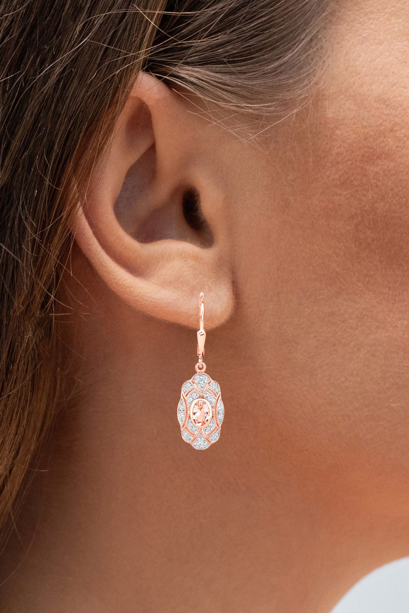 Morganite Dangle Earrings With White Topaz 1.02 Carats Gold Plated Silver