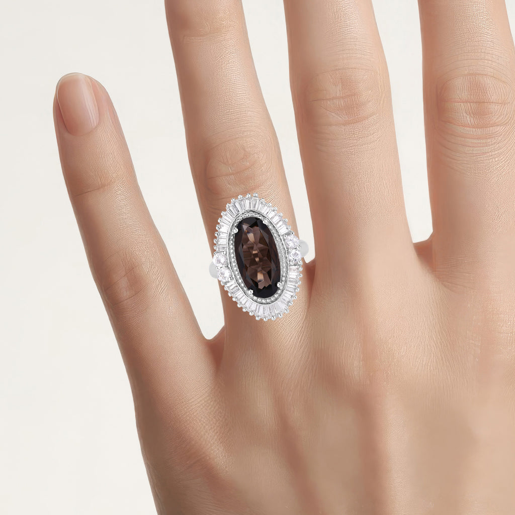 Smoky Quartz Ring With White Topaz 8.04 Carats Sterling Silver