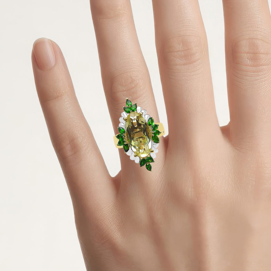 Lemon Quartz Ring With Chrome Diopside 6.28 Carats Gold Plated Silver