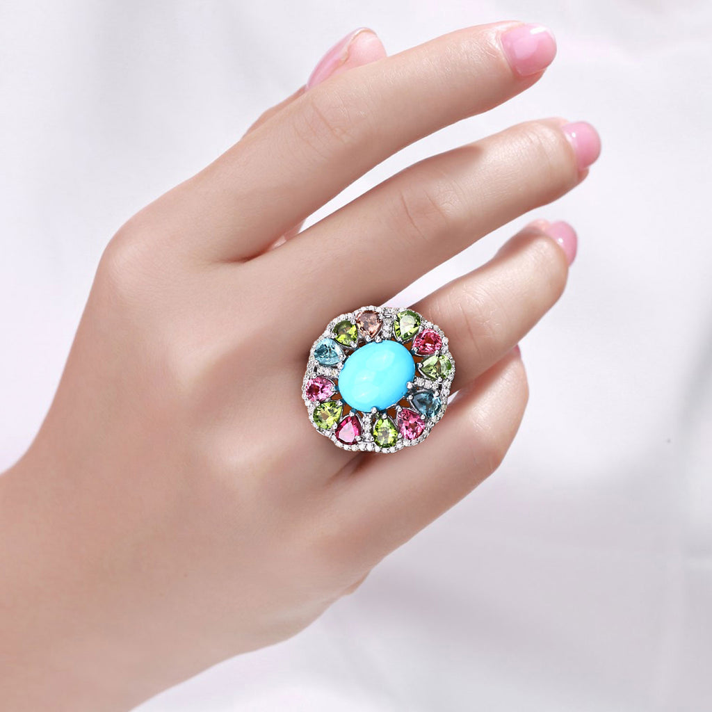 Turquoise Ring With Multicolor Tourmaline 6.56 Carats Sterling Silver