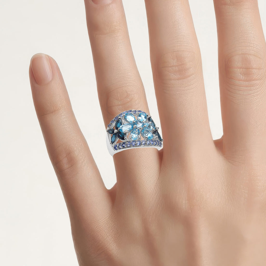 Multicolor Topaz Flower Ring With Tanzanite 5.98 Carats Sterling Silver