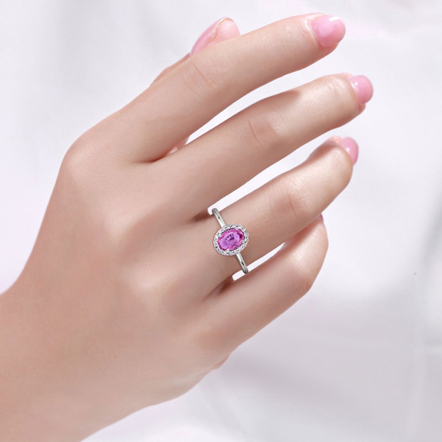 Pink Sapphire Ring With Diamonds 0.96 Carats 14K White Gold