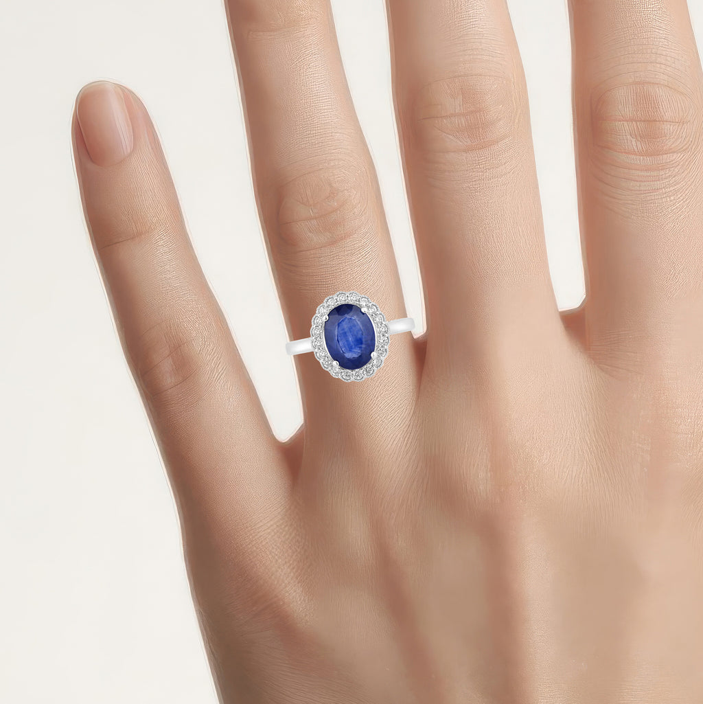 Blue Sapphire Ring With Diamonds 2.98 Carats 18K White Gold