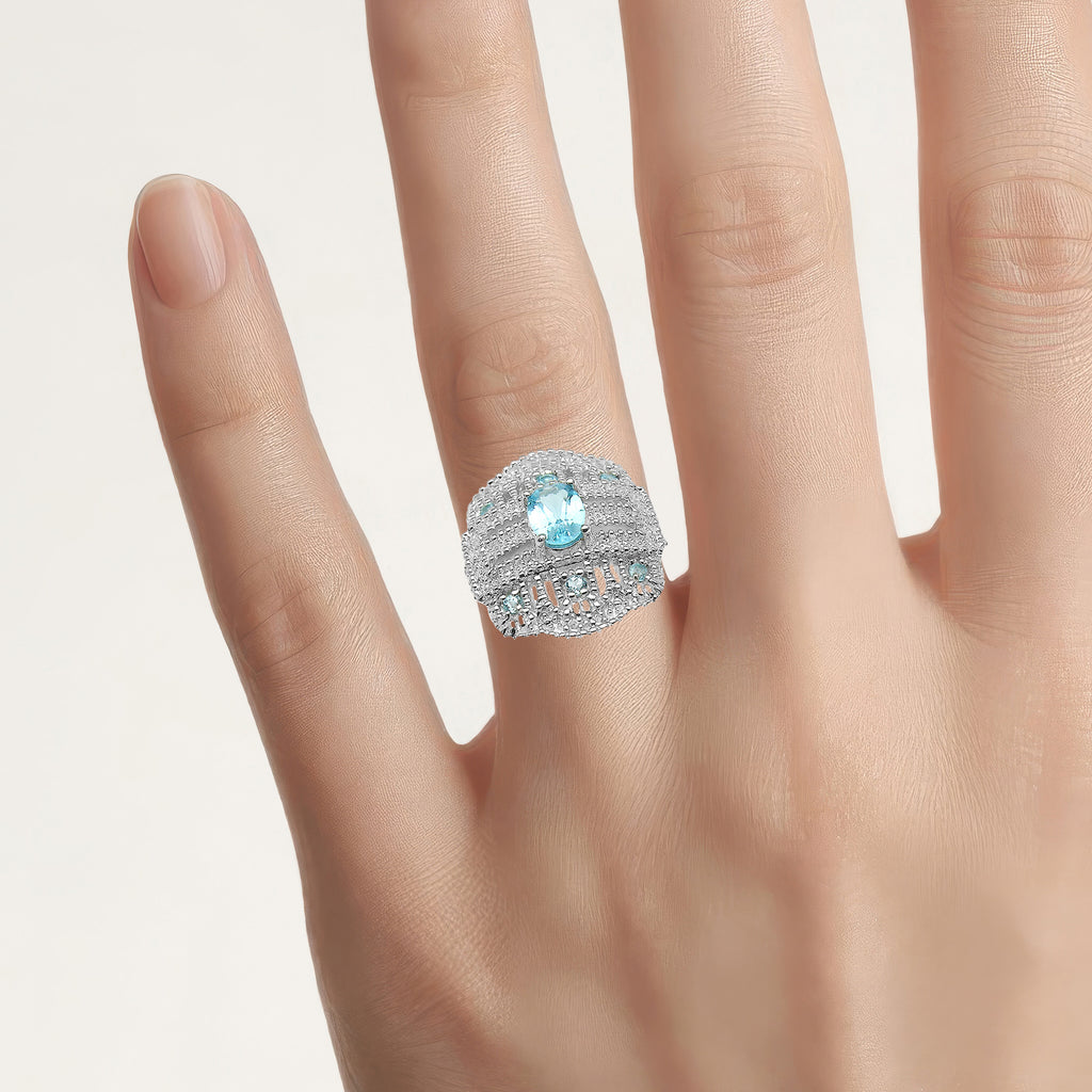 Swiss Blue Topaz Ring With White Topaz 1.06 Carats Sterling Silver
