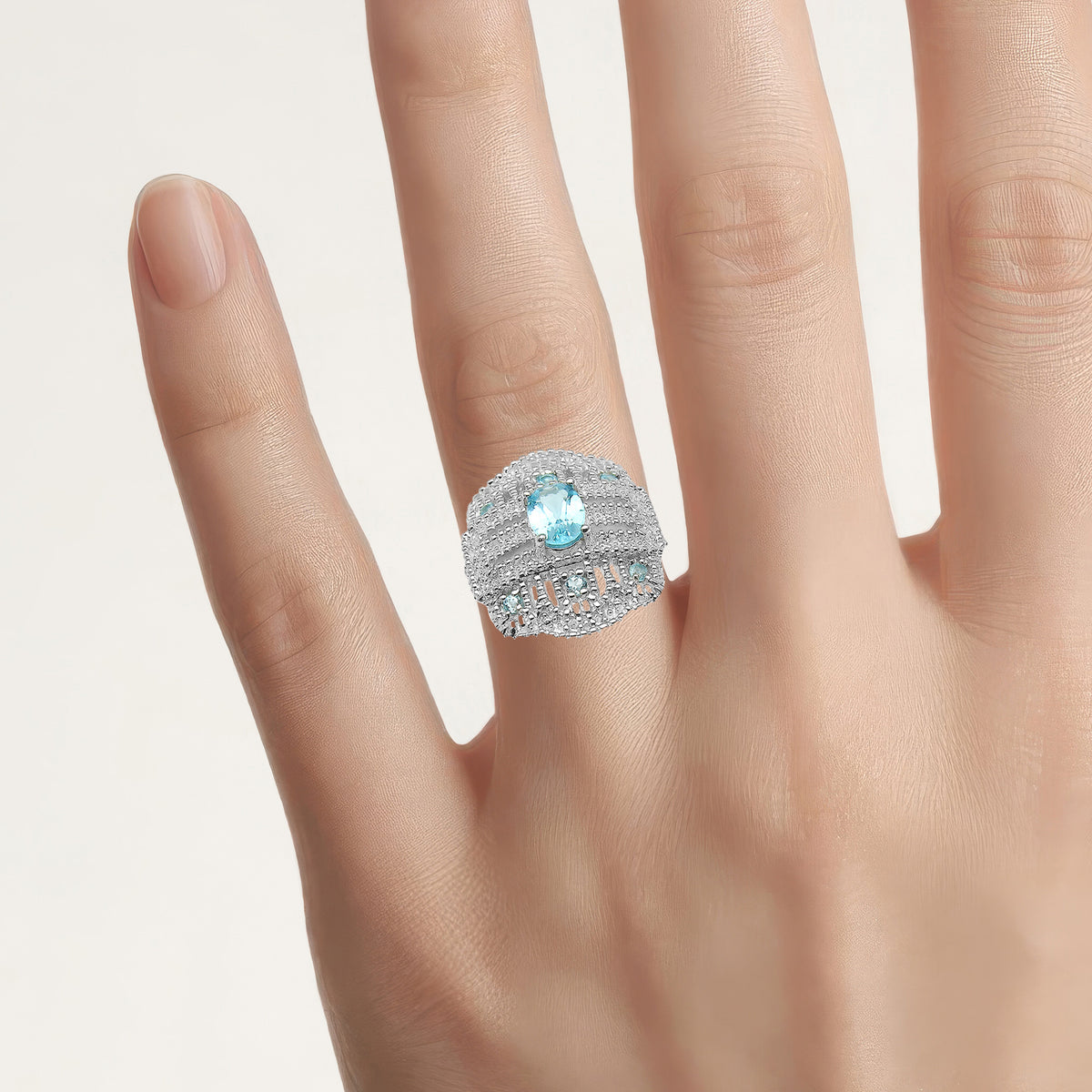Swiss Blue Topaz Ring With White Topaz 1.06 Carats Sterling Silver