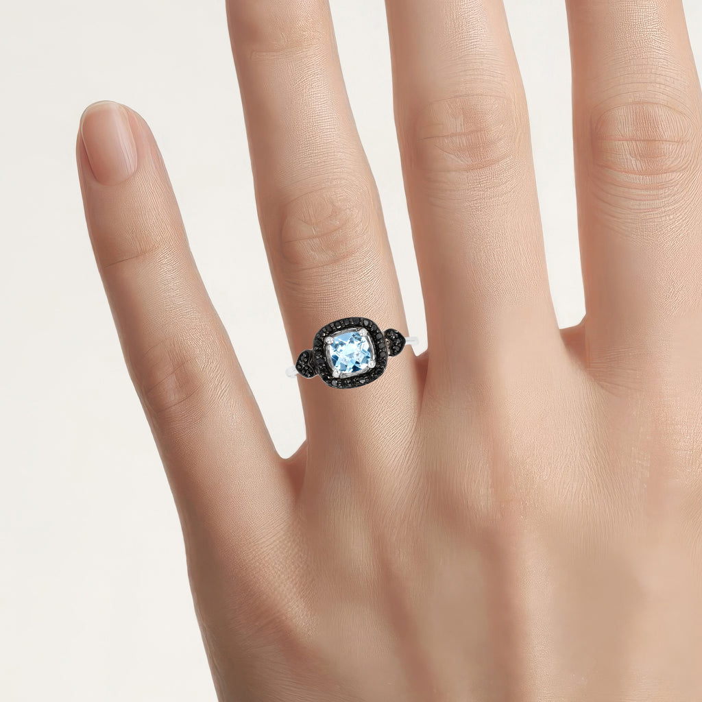 Swiss Blue Topaz Ring With Black Diamonds 1.16 Carats Sterling Silver