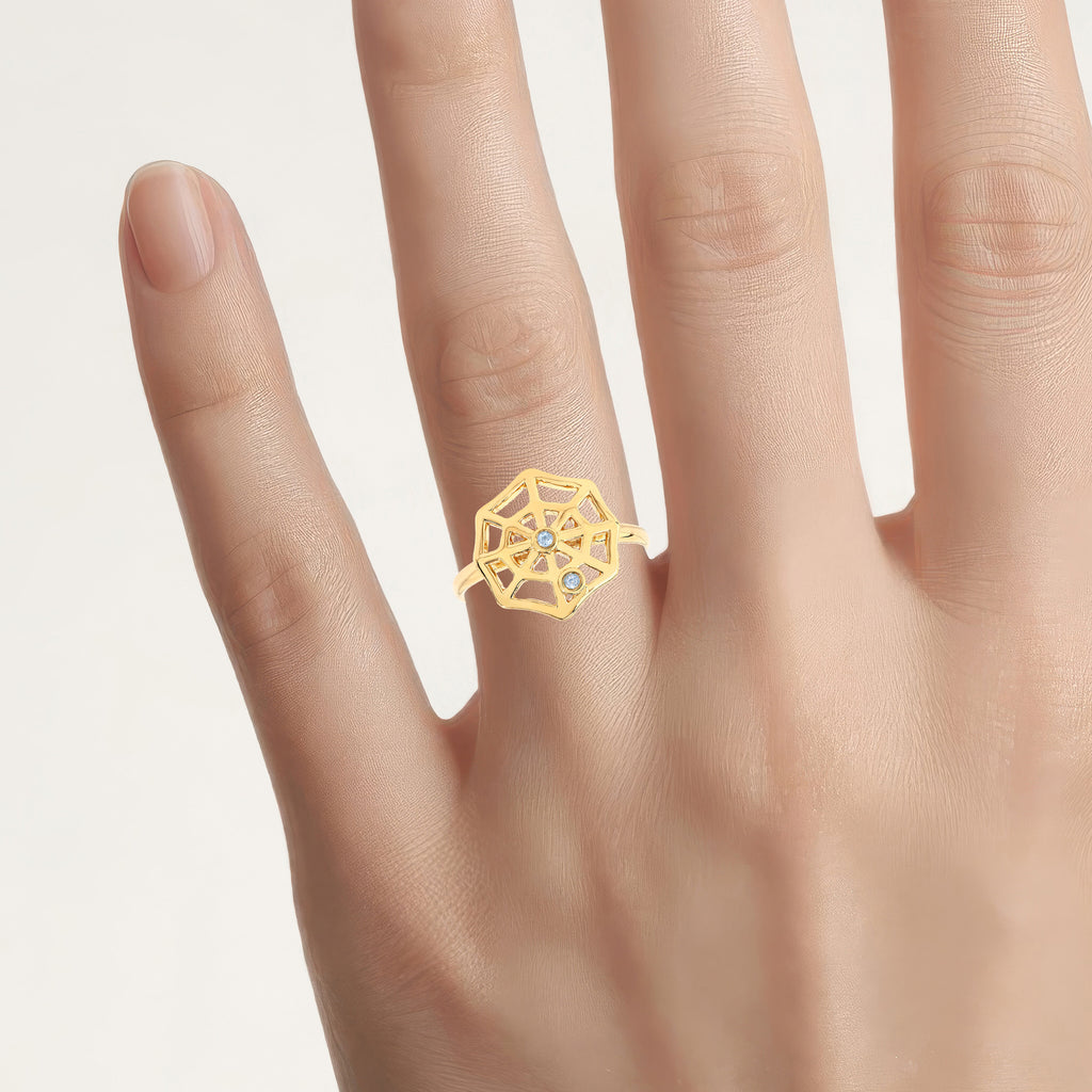 Blue Topaz Spider Web Ring 0.04 Carats Gold Plated Silver