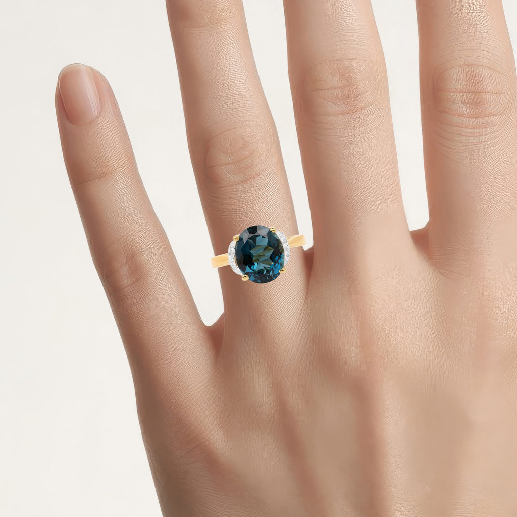 London Blue Topaz Ring With Diamonds 6.06 Carats Gold Plated Silver