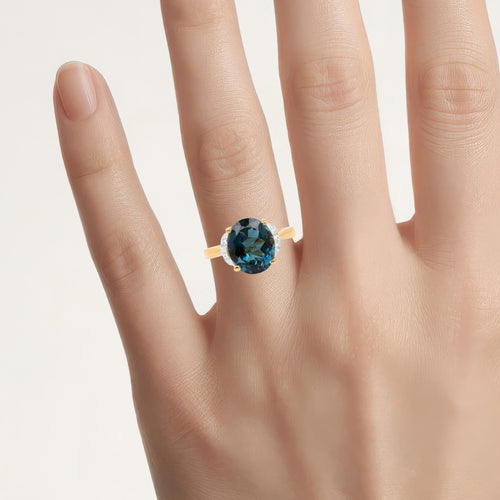 London Blue Topaz Ring With Diamonds 6.06 Carats Gold Plated Silver