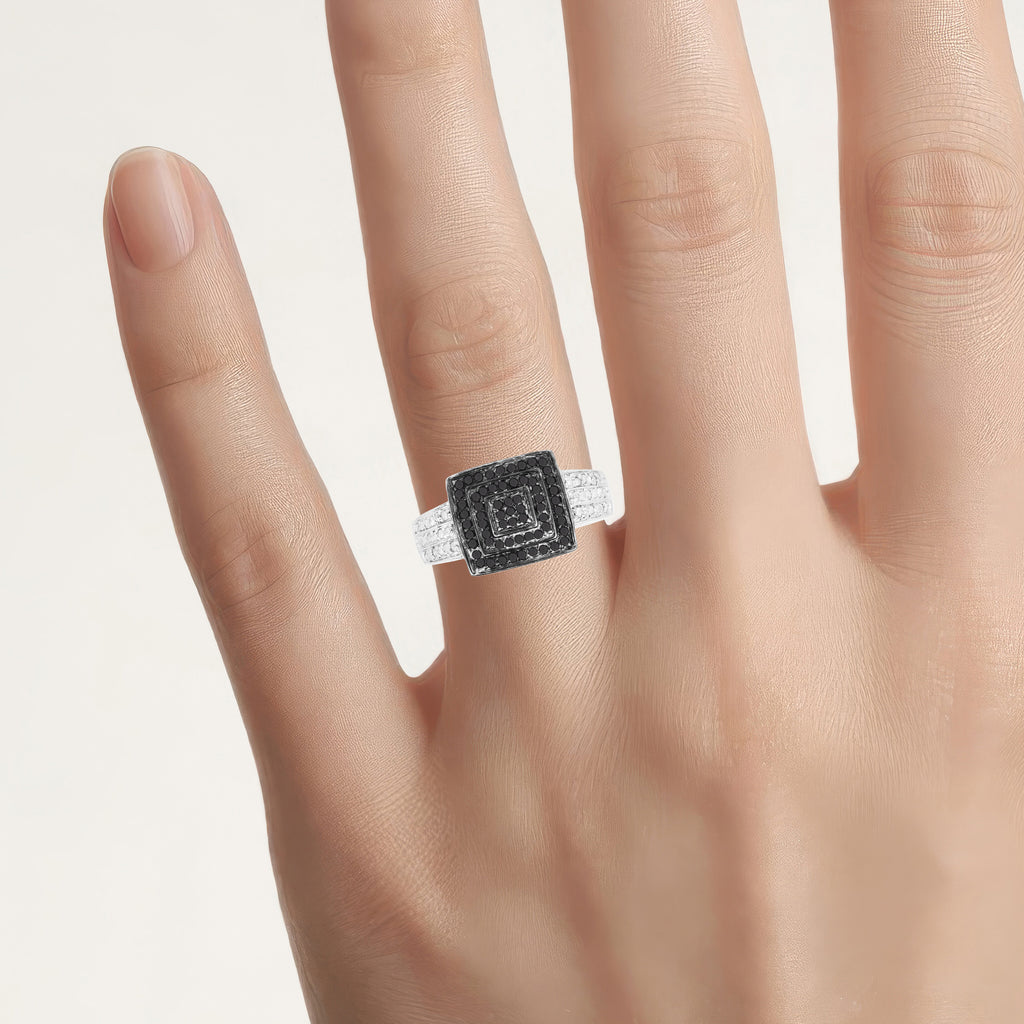Black Diamond Ring With White Diamonds 0.52 Carats Sterling Silver