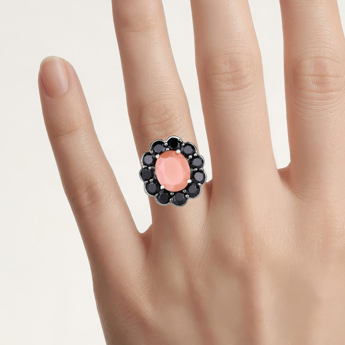 Peach Moonstone Ring With Black Spinel 7.86 Carats Sterling Silver