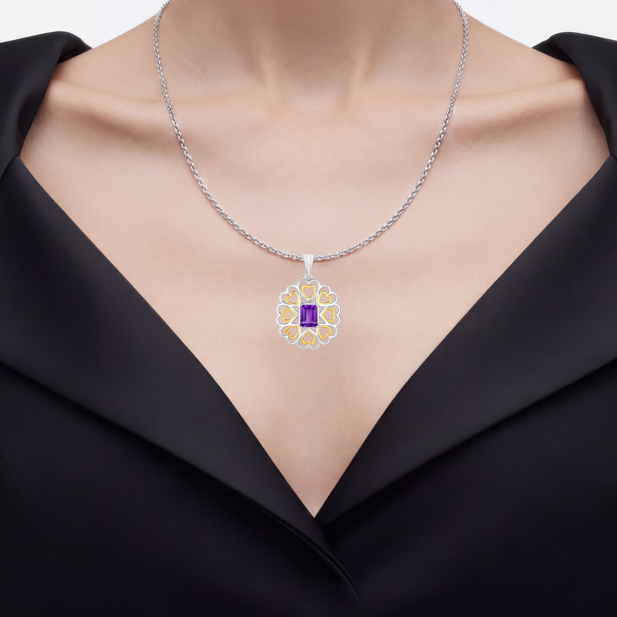 Amethyst Flower Pendant 2.08 Carats Gold Plated Silver