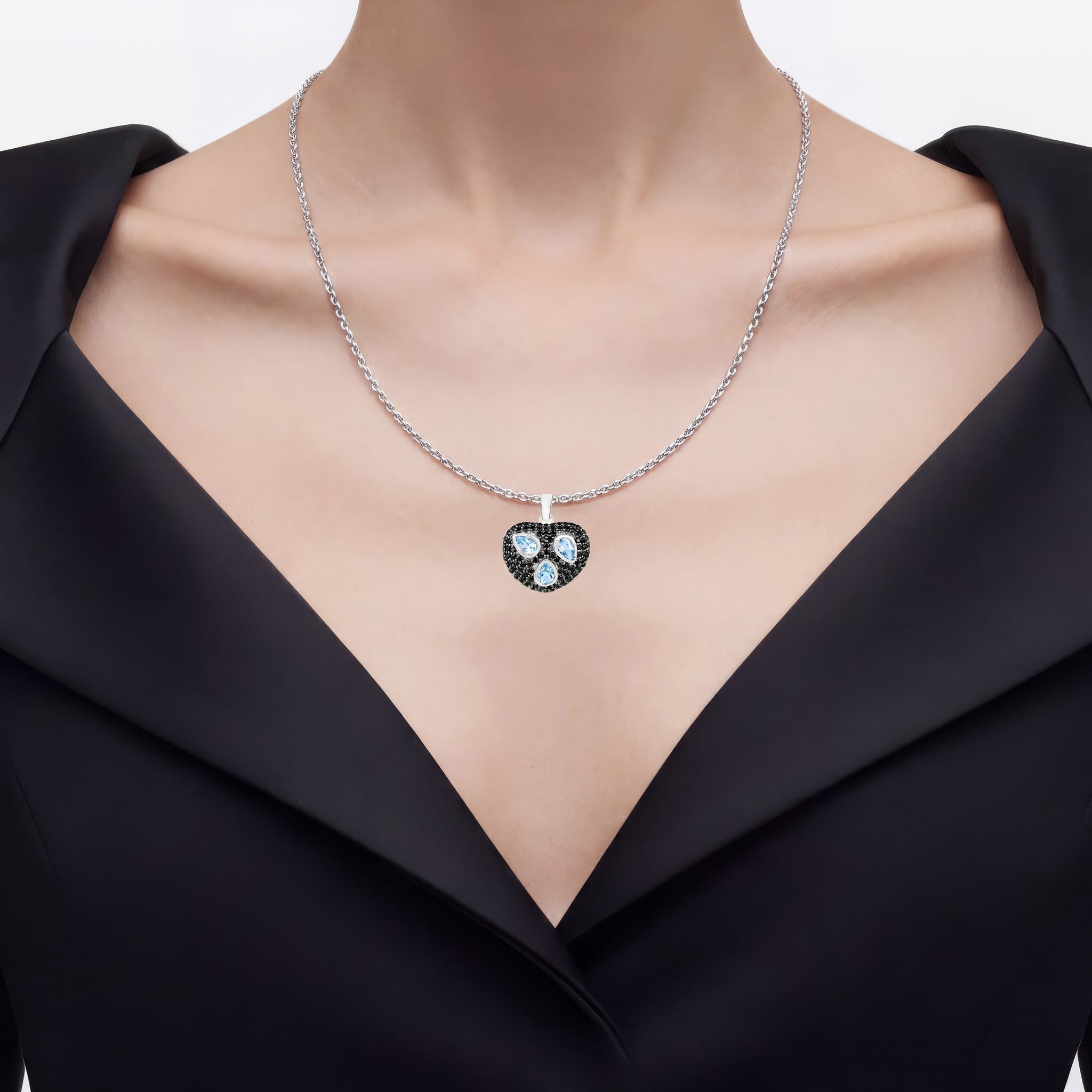 Blue Topaz Pendant With Black Spinel 3.48 Carats Sterling Silver