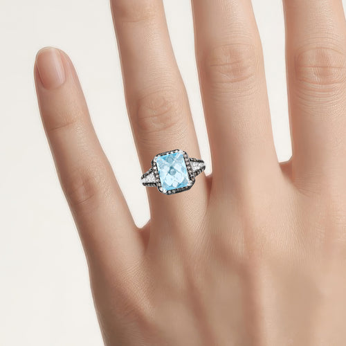 Swiss Blue Topaz Ring With Champagne Diamonds 4.28 Carats Sterling Silver