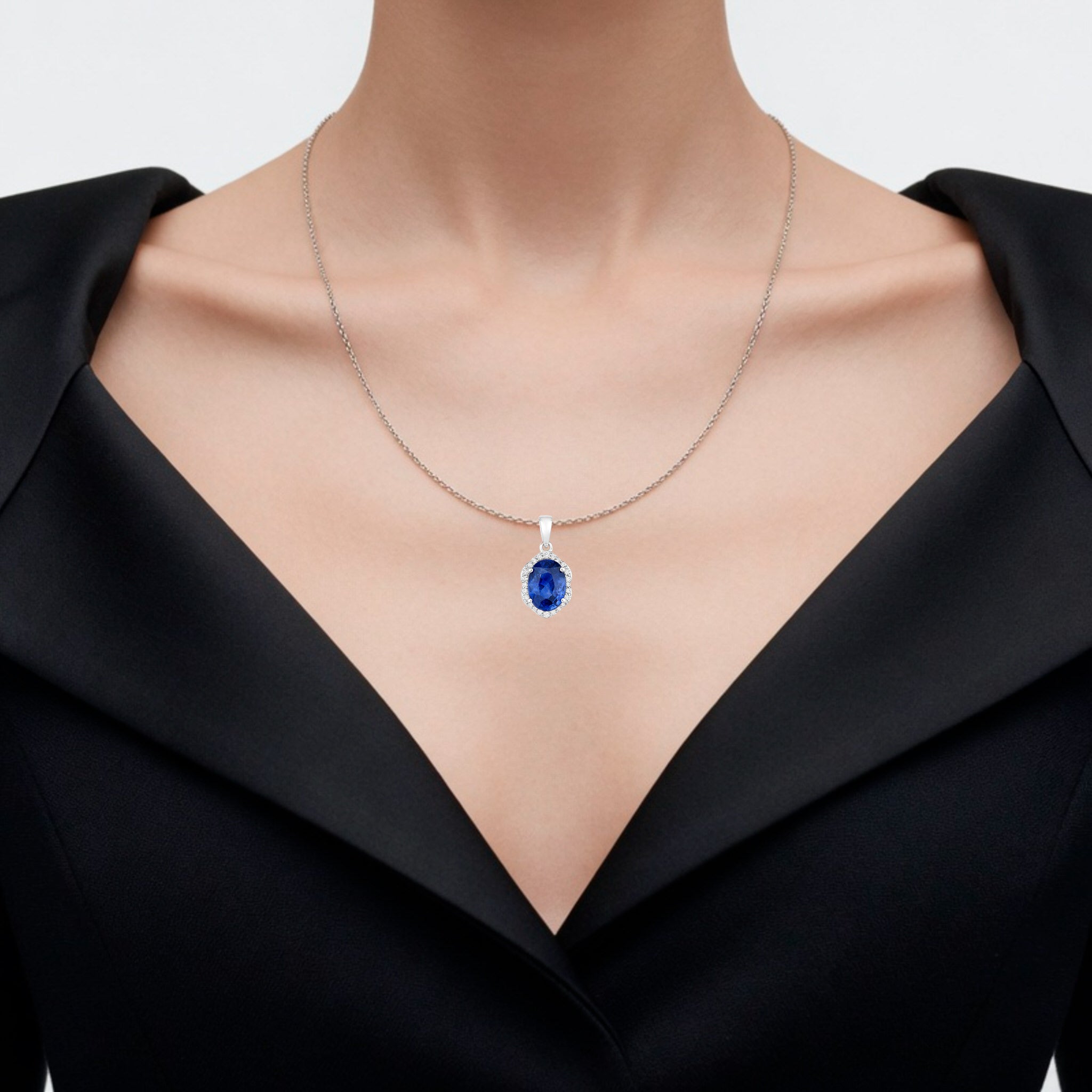Blue Sapphire Pendant With Diamonds 2.84 Carats 18K White Gold