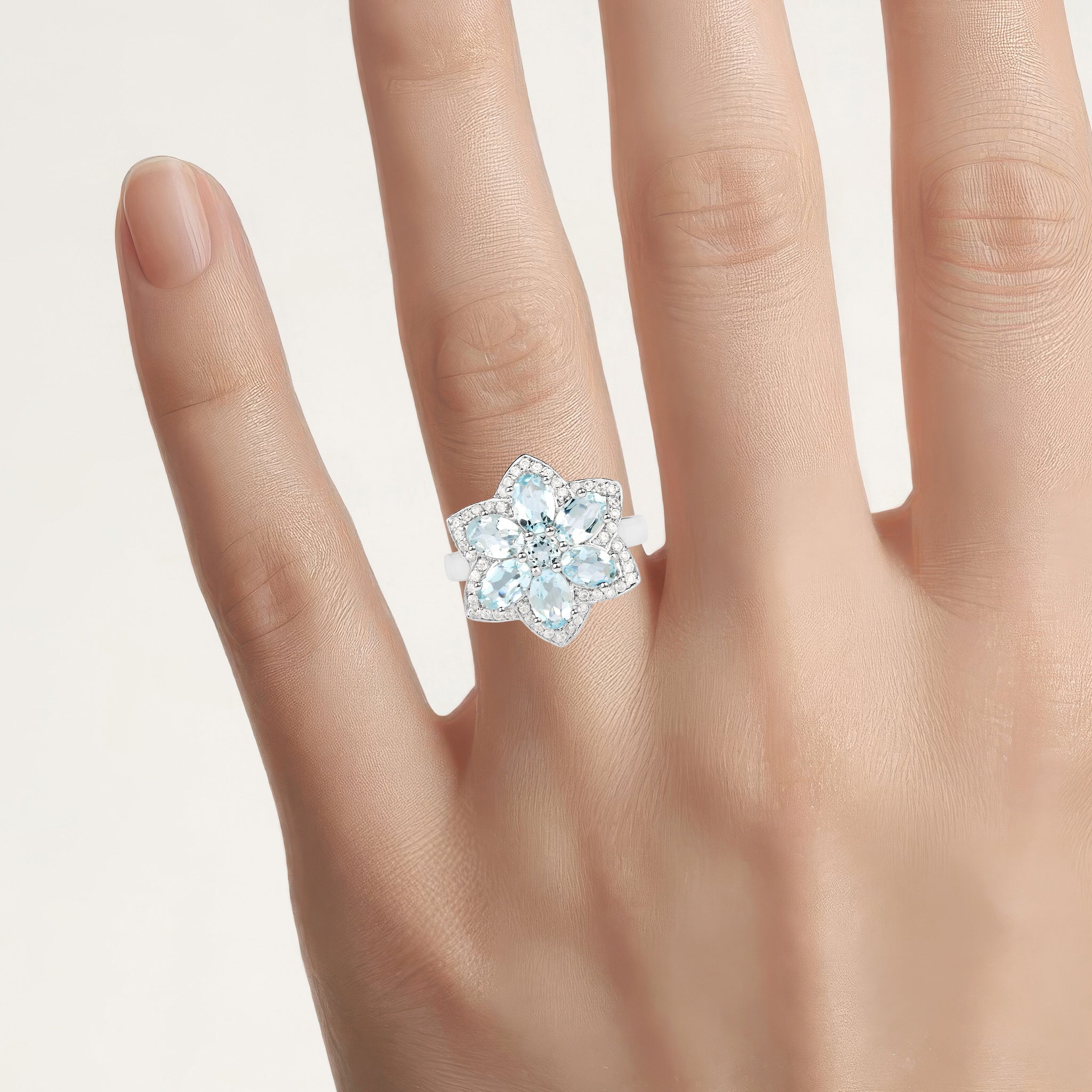 Aquamarine Flower Ring With White Zircon 2.82 Carats Sterling Silver