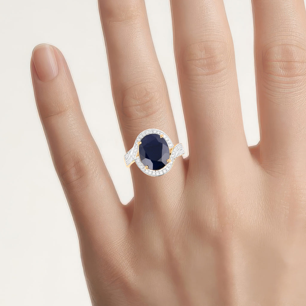 Blue Sapphire Ring With Diamonds 6.5 Carats 14K Yellow Gold
