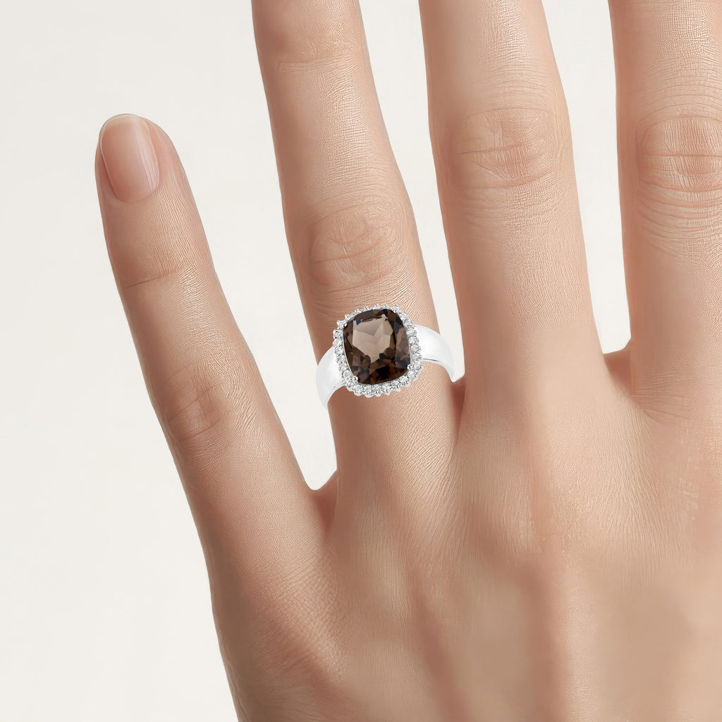 Smoky Quartz Ring With White Topaz 4.02 Carats Sterling Silver