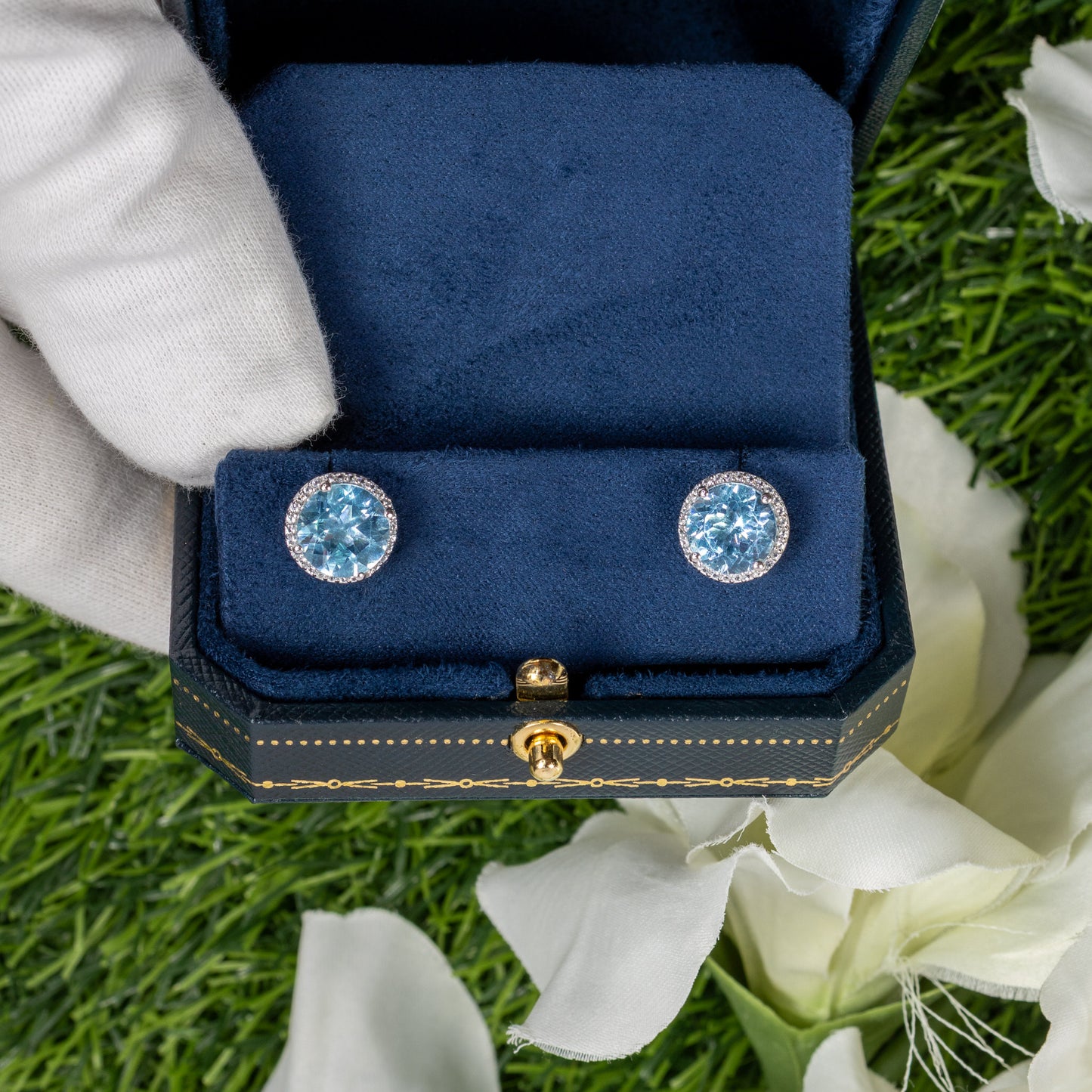 Blue Topaz Stud Earrings With White Topaz 7.74 Carats Sterling Silver