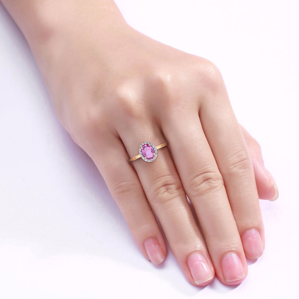Pink Sapphire Ring With Diamonds 0.92 Carats 14K Yellow Gold