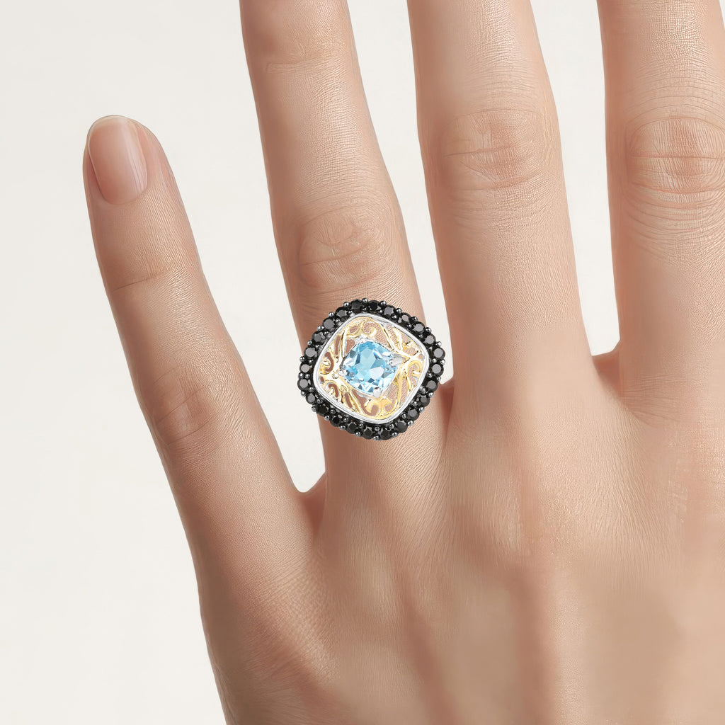 Swiss Blue Topaz Ring With Black Spinel 2.82 Carats Gold Plated Silver