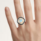 Swiss Blue Topaz Ring With Black Spinel 2.82 Carats Gold Plated Silver