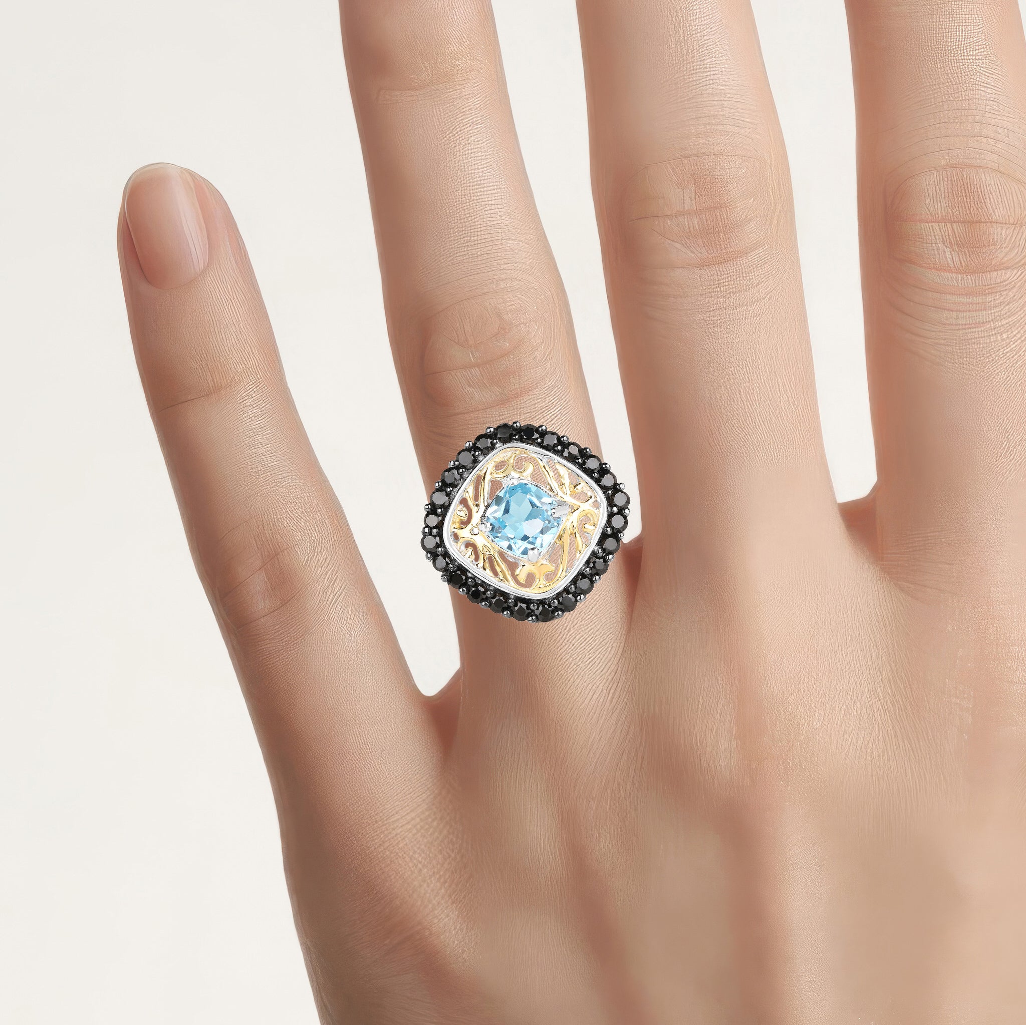 Swiss Blue Topaz Ring With Black Spinel 2.82 Carats Gold Plated Silver