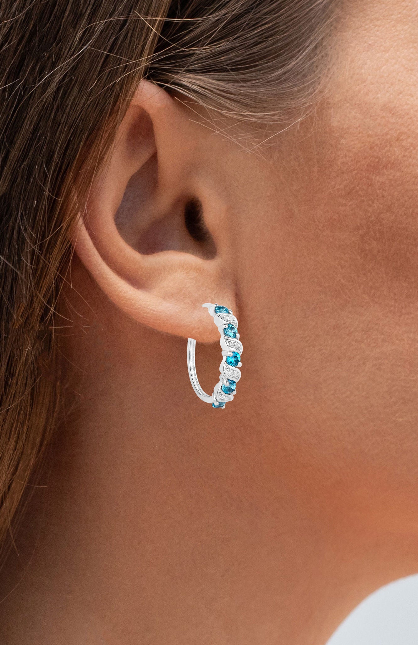 London Blue Topaz Hoop Earrings With White Topaz 1.44 Carats Sterling Silver