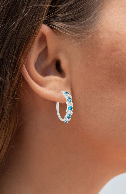 London Blue Topaz Hoop Earrings With White Topaz 1.44 Carats Sterling Silver