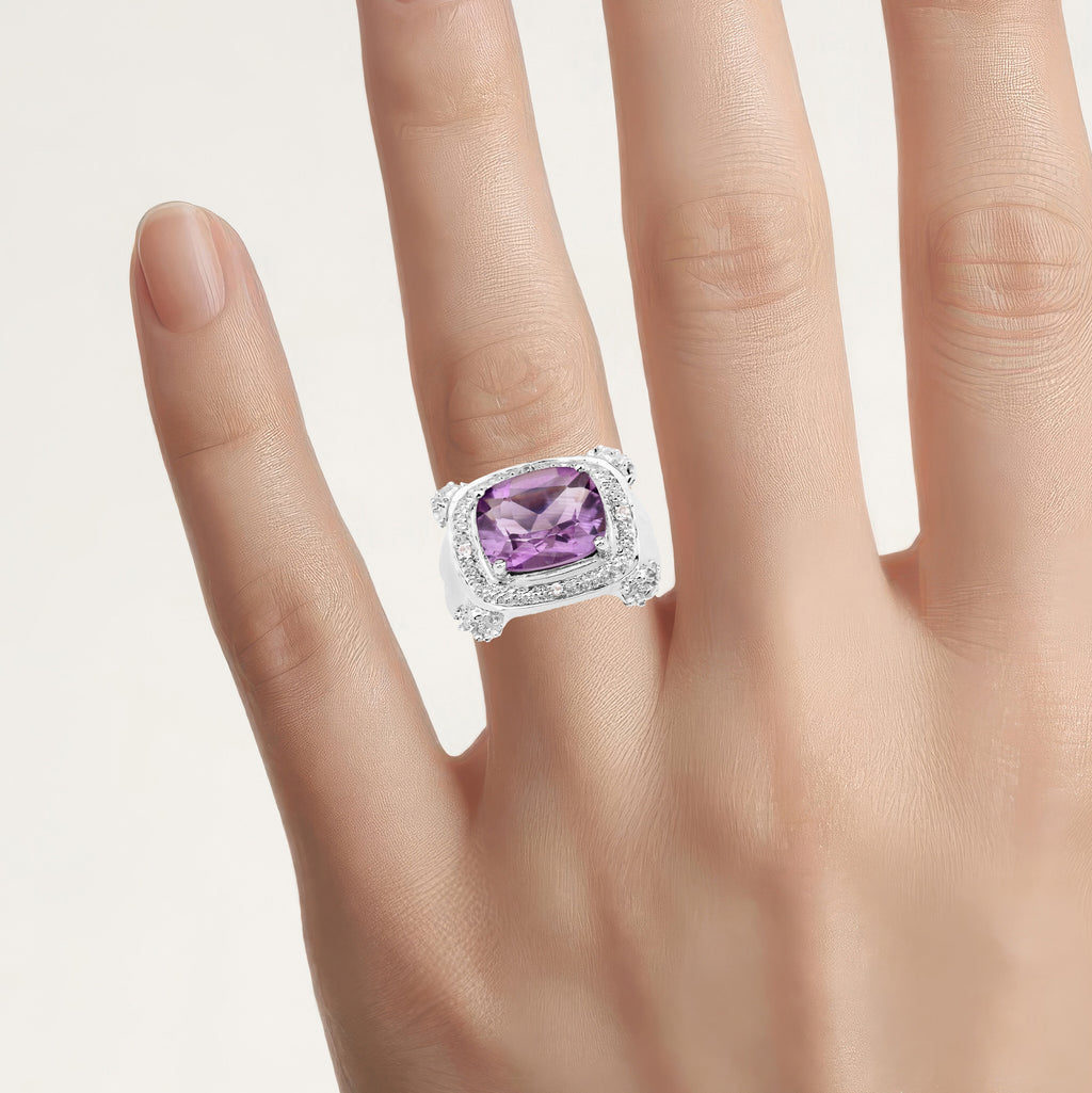 Amethyst Ring With White Topaz 4.36 Carats Sterling Silver