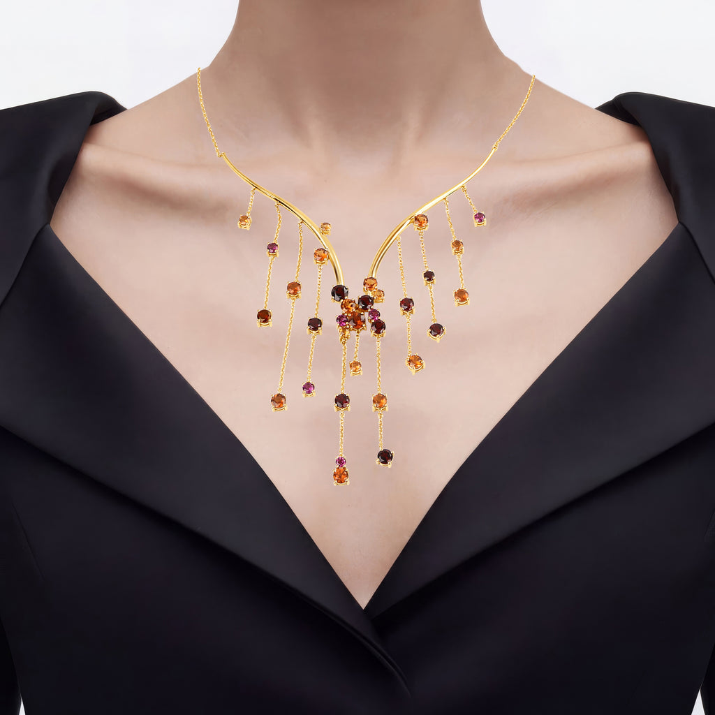 Hessonite Necklace With Garnet 15.8 Carats Gold Plated Silver