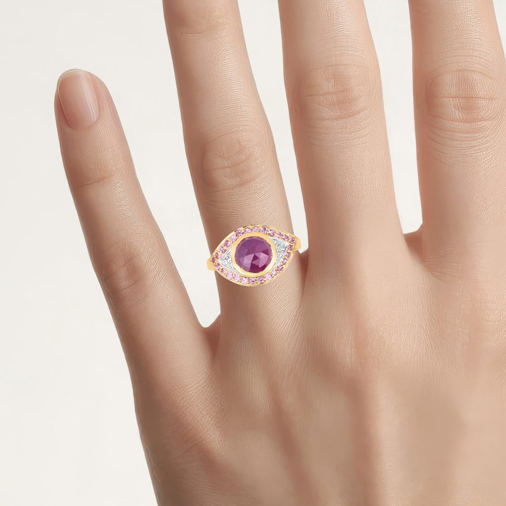 Pink Sapphire Ring With White Topaz 2.96 Carats Gold Plated Silver