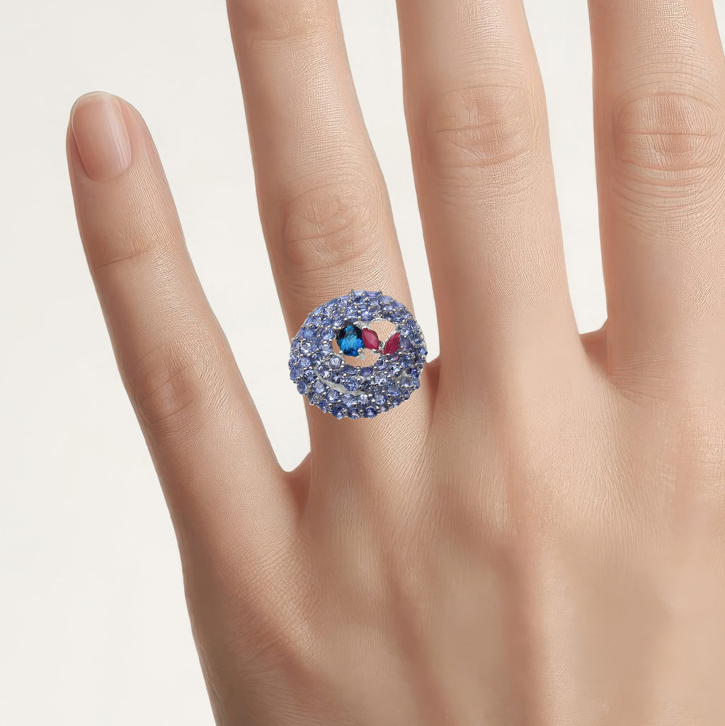 London Blue Topaz Ring With Tanzanite 3.14 Carats Sterling Silver