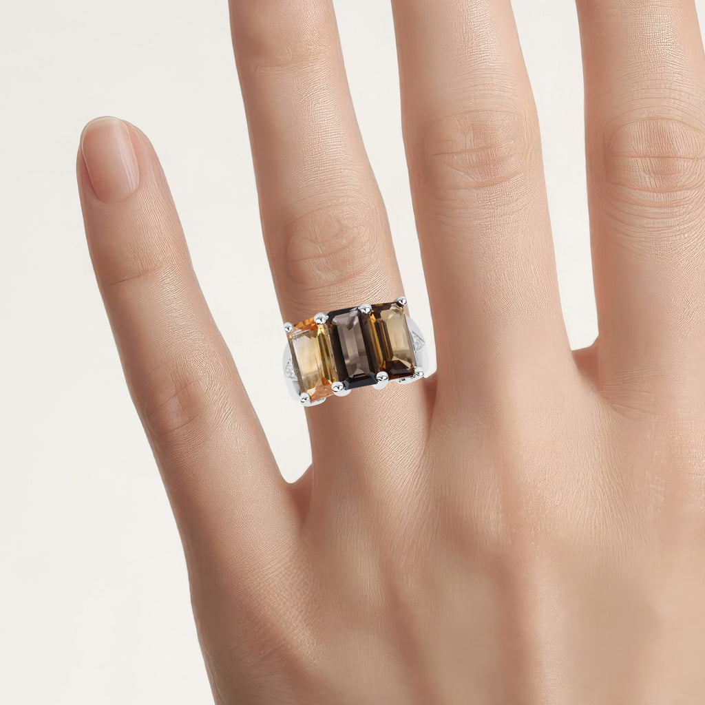 Smoky Quartz Ring With Citrine 8.1 Carats Sterling Silver