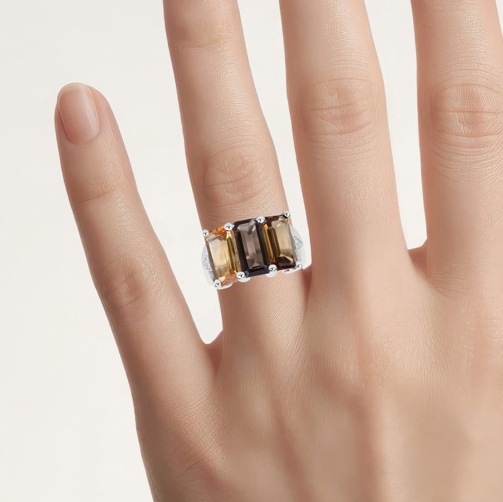Smoky Quartz Ring With Citrine 8.1 Carats Sterling Silver