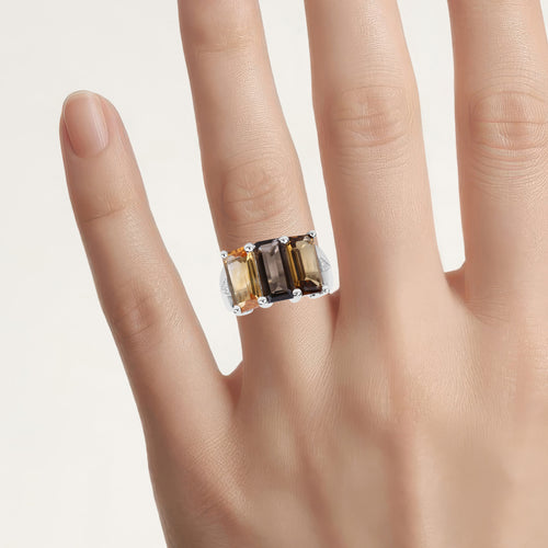 Smoky Quartz Ring With Citrine 8.1 Carats Sterling Silver