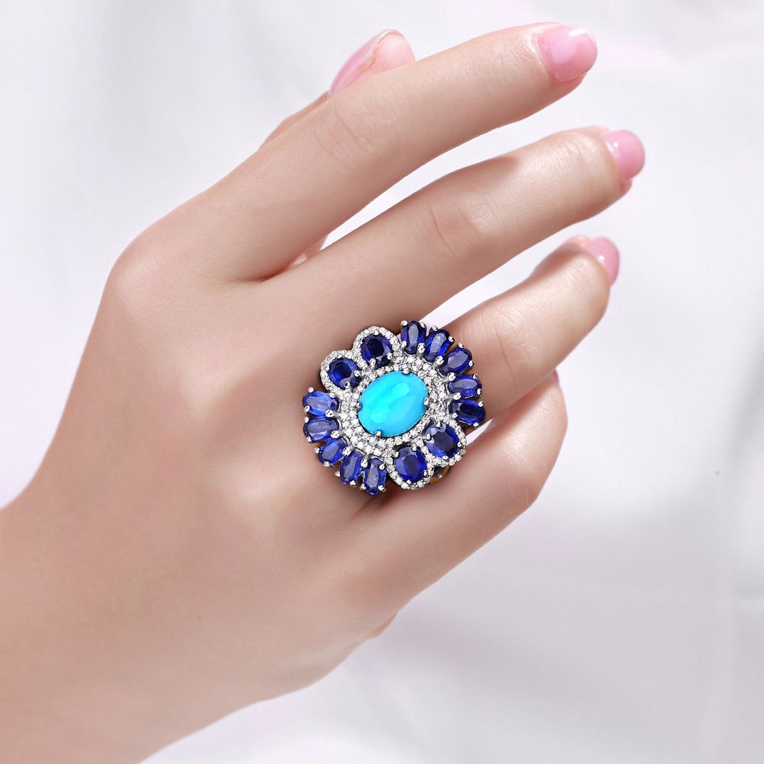 Turquoise Ring With Kyanite 9.58 Carats Sterling Silver