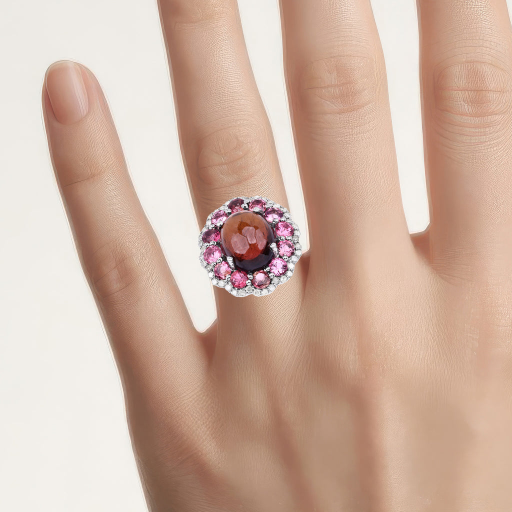 Multicolor Tourmaline Ring With Diamonds 5.72 Carats Sterling Silver