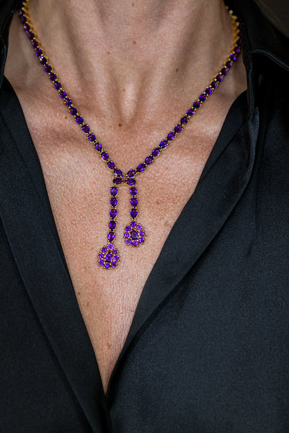 Natural Amethyst Double Drop Necklace 32 Carats 24K Yellow Gold Plated Silver