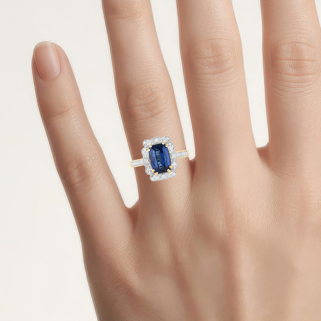 Blue Sapphire Ring With Diamonds 3.16 Carats 18K Yellow Gold