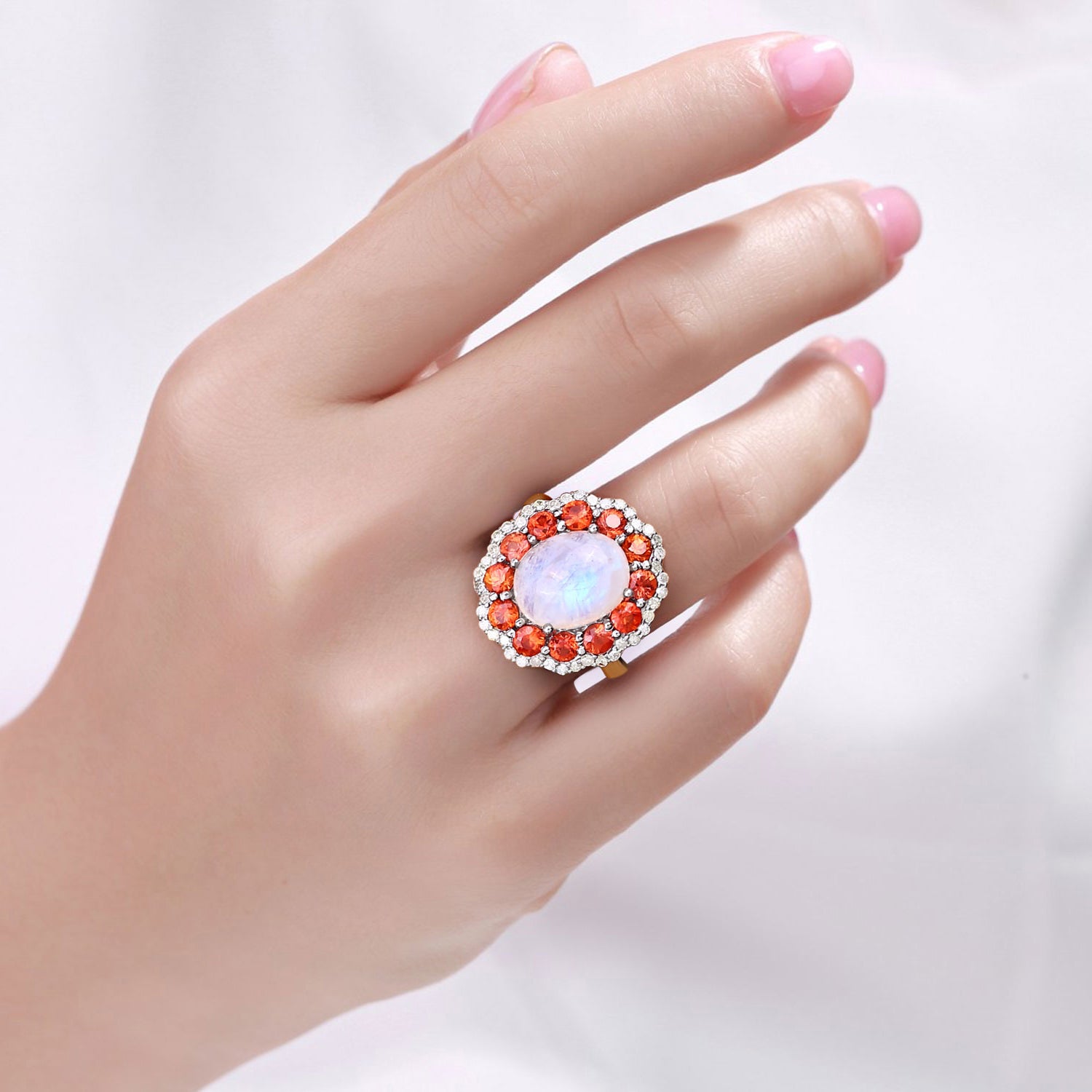Moonstone Ring With Spessartite Garnet 6.32 Carats Sterling Silver
