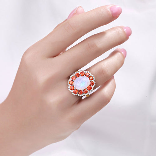 Moonstone Ring With Spessartite Garnet 6.32 Carats Sterling Silver