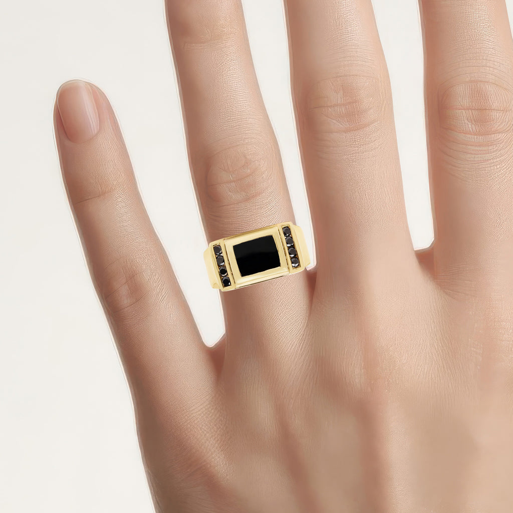 Black Onyx Ring With Black Diamonds 2.1 Carats Gold Plated Silver